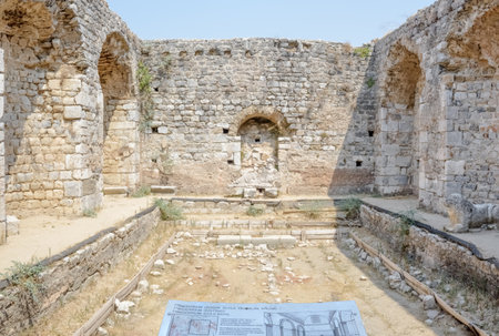 Interior high resolution panoramic view of Frigidarium(cold Bath) of Faustina Baths Ruins at Miletus Ancient Greek City in Didim,Aydin,Turkey.のeditorial素材