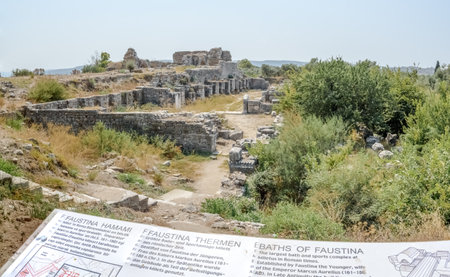 Exterior high resolution panoramic view of Faustina Baths  Ruins at Miletus Ancient Greek City in Didim,Aydin,Turkey.のeditorial素材