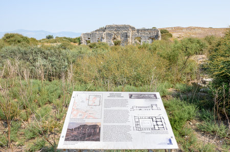 Exterior high resolution panoramic view of Roman Bath Ruins at Miletus Ancient Greek City in Didim,Aydin,Turkey.のeditorial素材