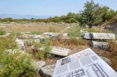 Exterior high resolution panoramic view of Baths of Capito Ruins at Miletus Ancient Greek City in Didim,Aydin,Turkey.のeditorial素材
