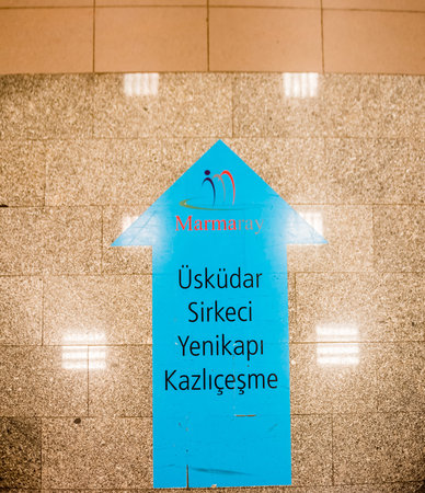 Arrow Signboard on the ground shows direction of Uskudar,Sirkeci,Yenikapi,Kazlicesme exit in subway marmaray metro.Istanbul,Turkey.の写真素材
