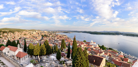 Aerial top day View of Sibenik town and its old houses in Sibenik,Croatia.のeditorial素材