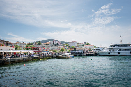 View of Buyukada (big island) from sea ferry.The island is one of four islands named Princes Islands in the Sea of Marmara, near Istanbul, Turkey.20 May 2017.のeditorial素材