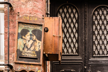 Vintage looking ancient old wooden letter, post or mail box on the front vintage door.ISTANBUL,...