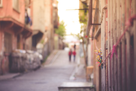 People walking at Traditional street of  balat area.Street view in historical Balat district. Balat is popular attraction in Istanbulのeditorial素材