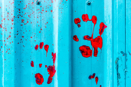 colored hand prints on Metal rustic plate.Texture surface,wall background.