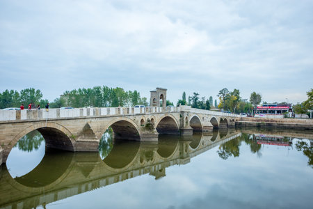 Landscape view of Meric Bridge on Meric River with blue sky in Edirne,Turkey.17 October 2015のeditorial素材