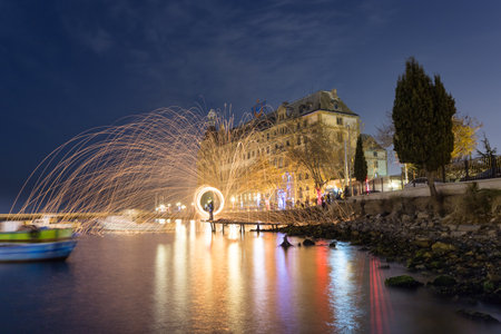 Steel wool long exposure shot of Haydarpasha railway station locates in Istanbul,Turkey.19 December 2015.のeditorial素材