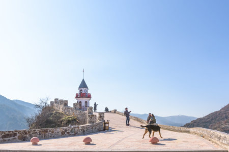 Unidentified people visit and explore Historical victory tower on hill at top of Goynuk  town in Bolu ,Turkey.27 January 2018のeditorial素材