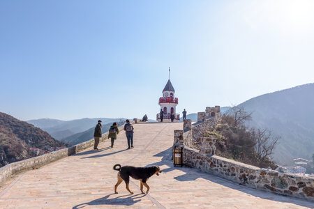 Unidentified people visit and explore Historical victory tower on hill at top of Goynuk  town in Bolu ,Turkey.27 January 2018のeditorial素材