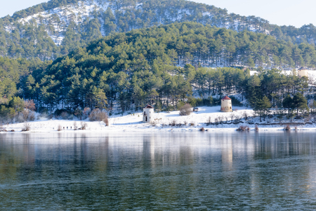 Panoramic view of Cubuk lake in Goynuk district and old stone windmills on background in Bolu,Turkey.27 January 2018の写真素材