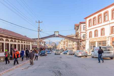 Unidentified people visit and explore Traditional, old and historical Anatolia houses in Mudurnu historic district in Bolu Turkey.27 January 2018のeditorial素材