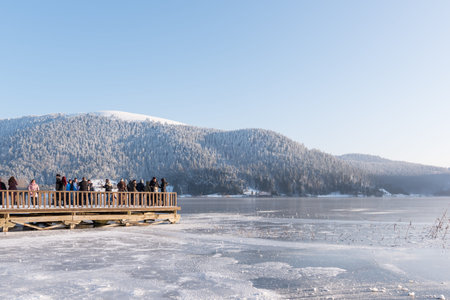 People visit and explore Abant lake in Golcuk National Park in Bolu,Turkey.27 January 2018の写真素材
