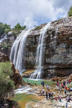 Unidentified people walk and explore Tortum Waterfall in Tortum,Erzurum,Turkey.18 May 2014のeditorial素材