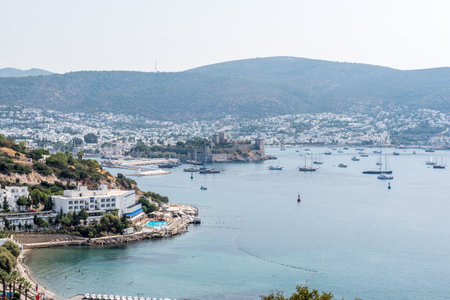 Cityscape Aerial view of typical Aegean architecture houses and Marine with yachts in harbor.Bodrum,Turkey.23 August 2017.のeditorial素材