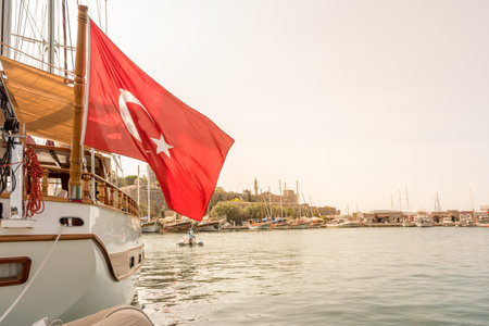 View of Marine with luxury yachts and sail yachts in Bodrum harbor.Bodrum,Turkey.23 August 2017.のeditorial素材
