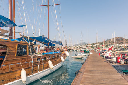View of Marine with luxury yachts and sail yachts in Bodrum harbor.Bodrum,Turkey.23 August 2017.のeditorial素材