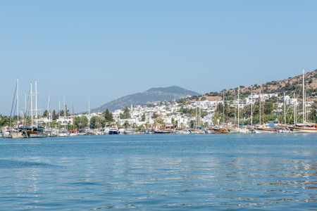 View of Marine with luxury yachts and sail yachts in Bodrum harbor.Bodrum,Turkey.23 August 2017.のeditorial素材