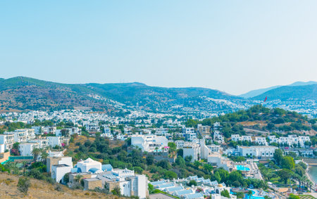 Cityscape Aerial view of typical Aegean architecture houses and Marine with yachts in harbor.Bodrum,Turkey.23 August 2017.のeditorial素材