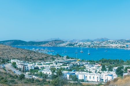 Cityscape Aerial view of typical Aegean architecture houses and Marine with yachts in harbor.Bodrum,Turkey.23 August 2017.のeditorial素材