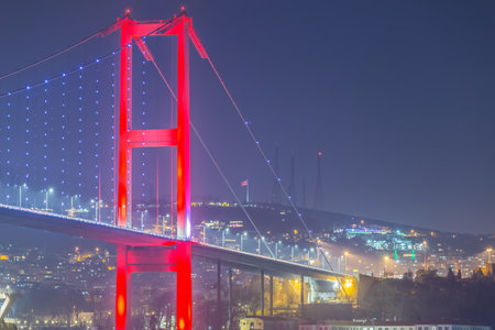 Night view of 15 July Martyrs Bridge or unofficially Bosphorus Bridge also called First Bridge over bosphorus in Istanbul,Turkey.03 January 2018のeditorial素材