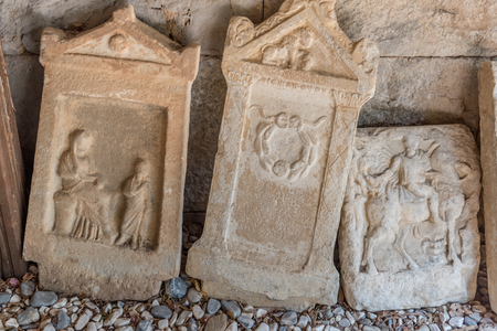 Detail of ancient Roman marble gravestones in Bodrum Castle, Turkey.の写真素材