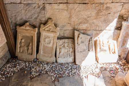 Detail of ancient Roman marble gravestones in Bodrum Castle, Turkey.のeditorial素材