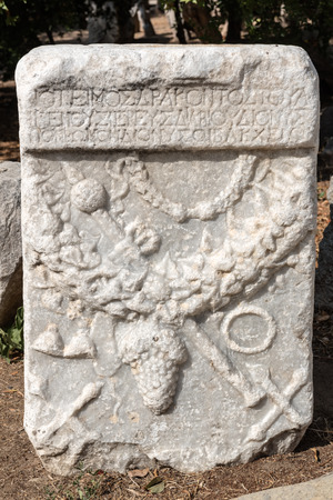 Detail of an ancient Roman marble sculpture or blocks in Castle of St. Peter or Bodrum Castle, Turkey.の写真素材