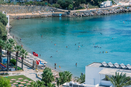 Unidentified people swim at Bodrum beach,a .Popular destination  in Turkey.23 August 2017.のeditorial素材