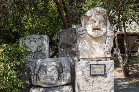 Theater masks Roman marble sculpture or blocks in Castle of St. Peter or Bodrum Castle, Turkey.のeditorial素材