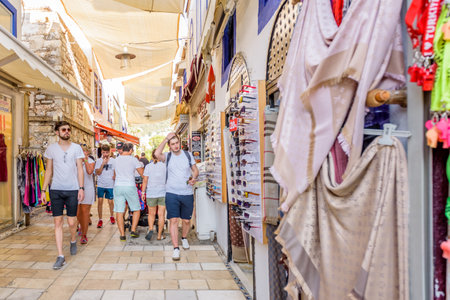 Unidentified people do shopping at streets of Bodrum,Turkey.23 August 2017.のeditorial素材