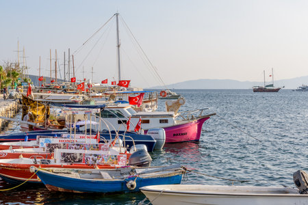 View of Marine with luxury yachts and sail yachts in Bodrum harbor.Bodrum,Turkey.23 August 2017.のeditorial素材