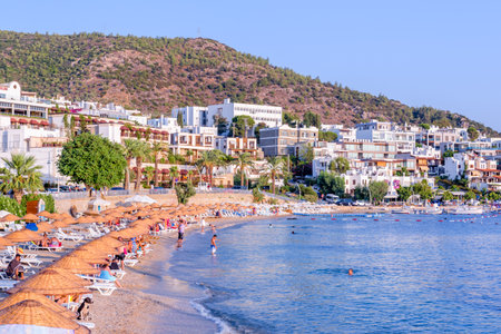 Panoramic view of Typical Aegean architecture houses with white color and View of beach and Marine in Bodrum,Turkey.23 August 2017.
のeditorial素材