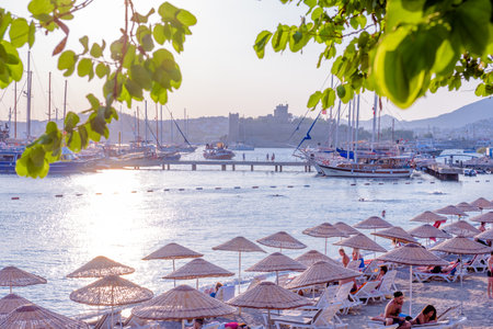 View of Marine with luxury yachts and sail yachts in Bodrum harbor.Bodrum,Turkey.23 August 2017.のeditorial素材