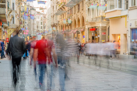 29 April 2018 :- Long exposure or slow shutter speed and blurred image:Unidentified people walk at Istiklal street,popular destination in Istanbul,Turkey.のeditorial素材