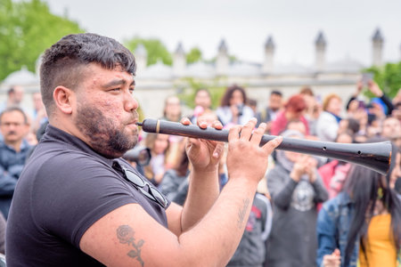 05 May 2018 :- Unidentified Turkish man performs Zurna(clarion) 
at Hidirellez Festival.It means arrival of spring and celebrated throughout the Turkic world.Istanbul,Turkey.のeditorial素材