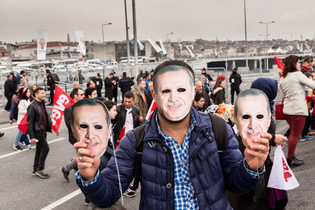 AKP (Justice and Development Party) supporters shout slogans and wave party flags during a yes referendum,plebiscite campaign rally in Istanbul, Yenikapi meeting area.TURKEY, ISTANBUL, APRIL 8, 2017のeditorial素材