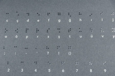 Top view of black page of a book written in braille alphabet for blind people.Copy space for editingの写真素材