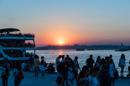 Silhouette sunset view of bosphorous and European side of Istanbul from Kadikoy district.TURKEY, ISTANBUL,29 JULY 2017のeditorial素材