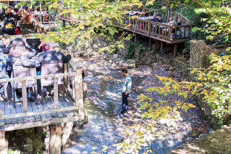 Unidentified people having breakfast at a restaurant in Masukiye,a popular destination for eating and spending time.Kocaeli.Turkey.22 October,2017のeditorial素材