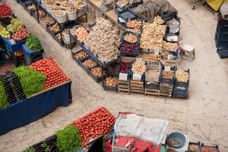 Top view of popular Melike Hatun Bazaar or kadinlar pazari(Women Bazaar) that is a traditional Turkish grocery bazaar where people buy Vegetables, fruits and spices in Konya,Turkey.28 August 2017のeditorial素材
