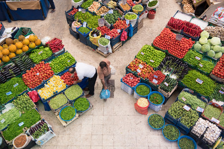 Top view of popular Melike Hatun Bazaar or kadinlar pazari(Women Bazaar) that is a traditional Turkish grocery bazaar where people buy Vegetables, fruits and spices in Konya,Turkey.28 August 2017のeditorial素材