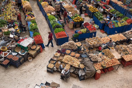Top view of popular Melike Hatun Bazaar or kadinlar pazari(Women Bazaar) that is a traditional Turkish grocery bazaar where people buy Vegetables, fruits and spices in Konya,Turkey.28 August 2017のeditorial素材