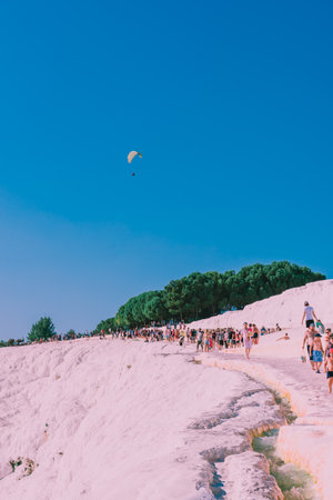 Unidentified people visit Pamukkale (Cotton Castle) that is popular with Travertine pools and terraces  where people love to visit in Pamukkale, Turkey.25 August,2017のeditorial素材