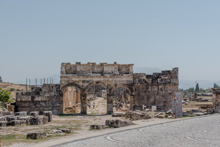 People visit latrine along Frontinus Street at Hierapolis ancient city in Pamukkale, Turkey.25 August 2017のeditorial素材