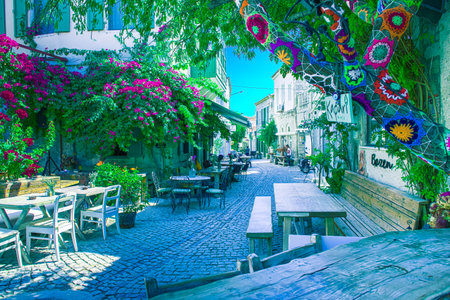 HDR Image-Street view of Alacati district of Cesme.Alacati  is a popular destination for traveling and vacation in Izmir,Turkey.26 August 2017.のeditorial素材