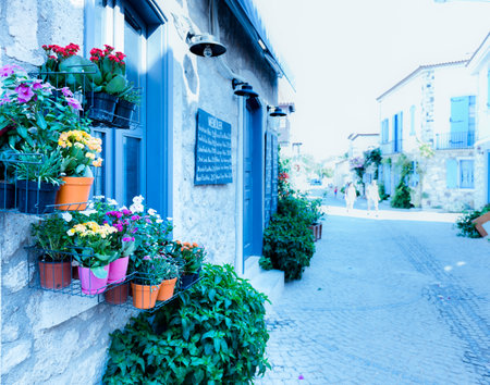 Retro View of Alacati charming Streets , a popular destination for traveling and vacation in Izmir,Turkey.のeditorial素材