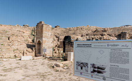 Sign about Tomb of St.Philip in ancient Greek city Hierapolis, Pamukkale, Turkey.のeditorial素材