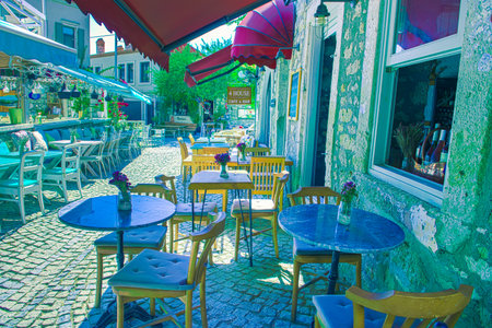 HDR Image-Street view of Alacati district of Cesme.Alacati  is a popular destination for traveling and vacation in Izmir,Turkey.26 August 2017.のeditorial素材
