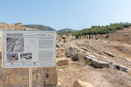 Sign about Tomb of St.Philip and Aghiasma (Sanctuary Fountain) in ancient Greek city Hierapolis, Pamukkale, Turkey.のeditorial素材